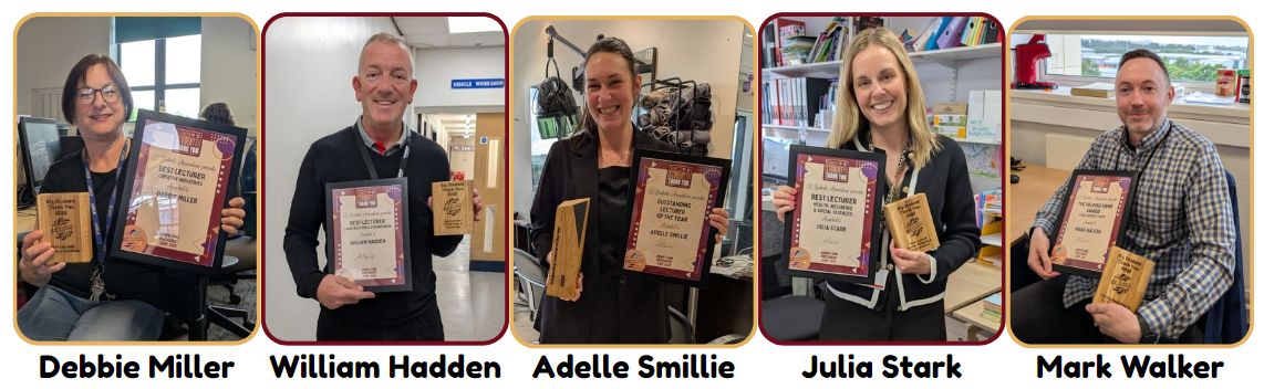 Big Student Thank You Awards Winners 2025 - L to R: Debbie, William, Adelle, Julia, and Mark