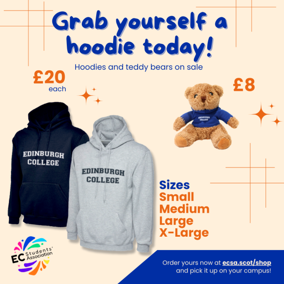 Grab a hoodie or teddy bear today from the Students' Association shop! Hoodies are £20 and teddies £10