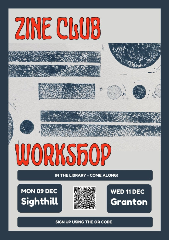 Zine Club Workshop. In the library - come along! Mon 9th Dec Sighthill. Wed 11 Dec Granton.  Follow the link to sign up.