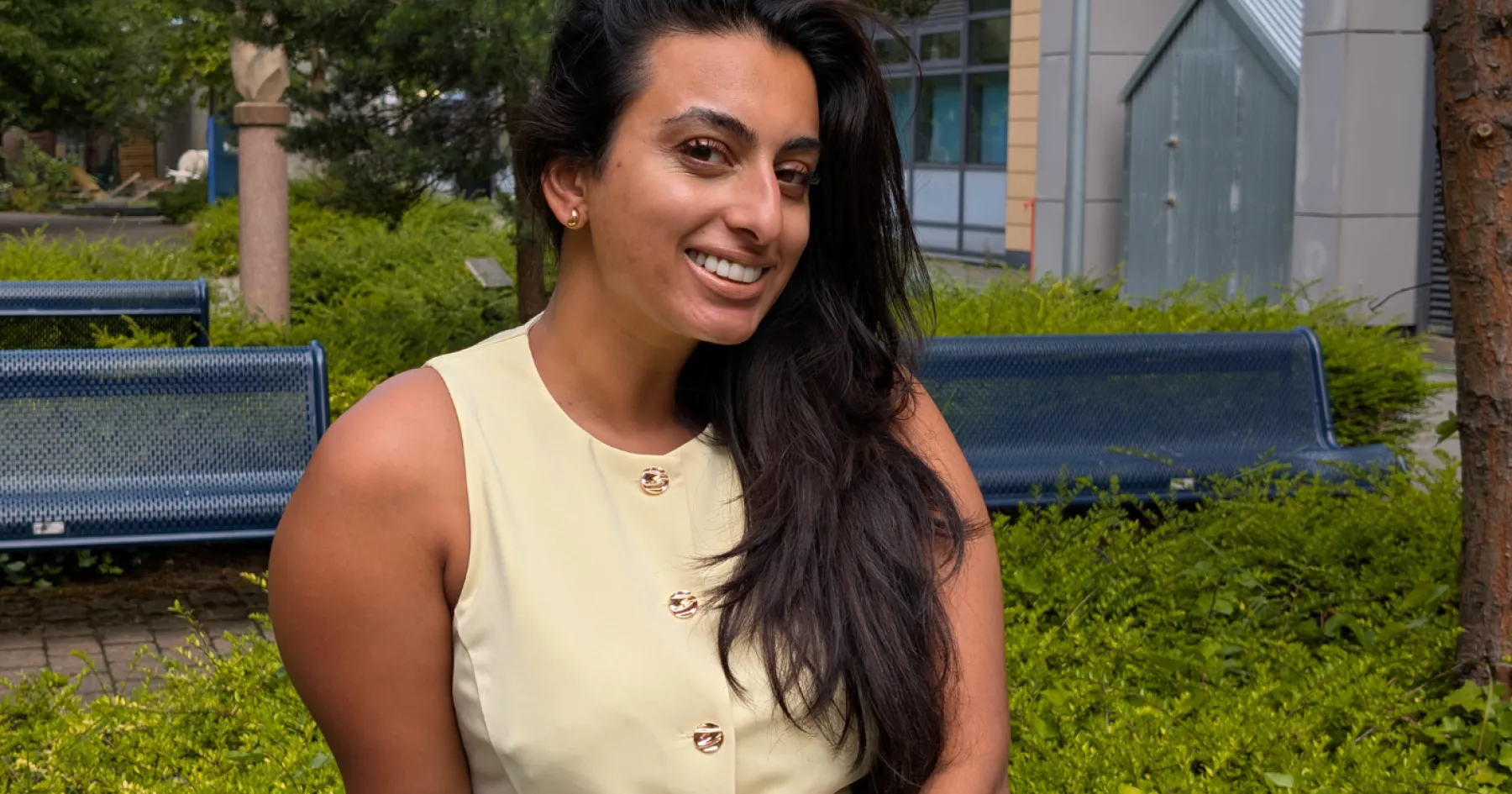 Sukinder Landa, Vice President Welfare, sitting on a bench, outside at Granton Campus
