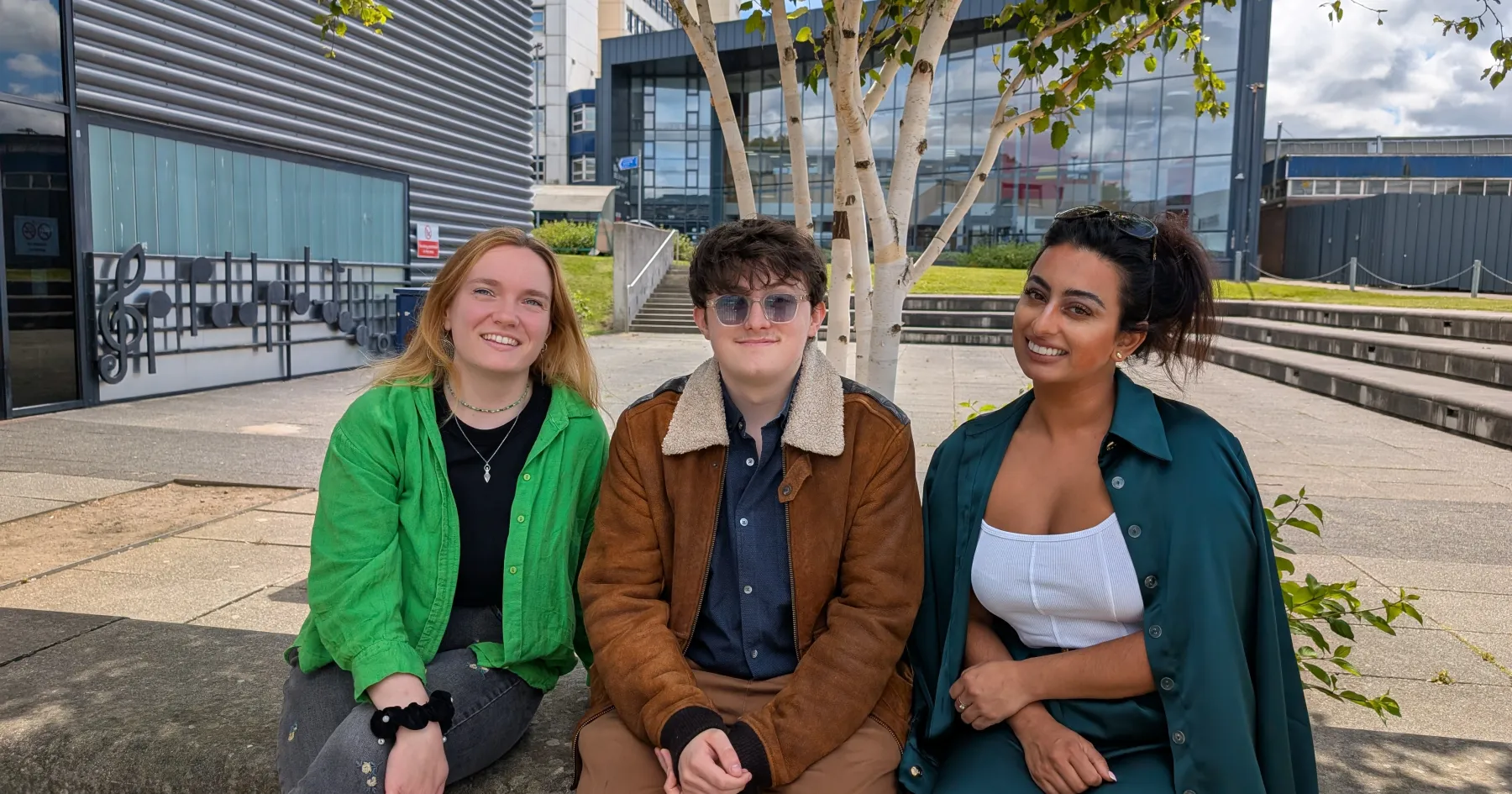 Adam, Mary and Sukinder outside Sighthill campus