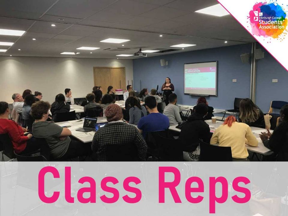 Room of class reps receiving Class Rep training with ECSA logo